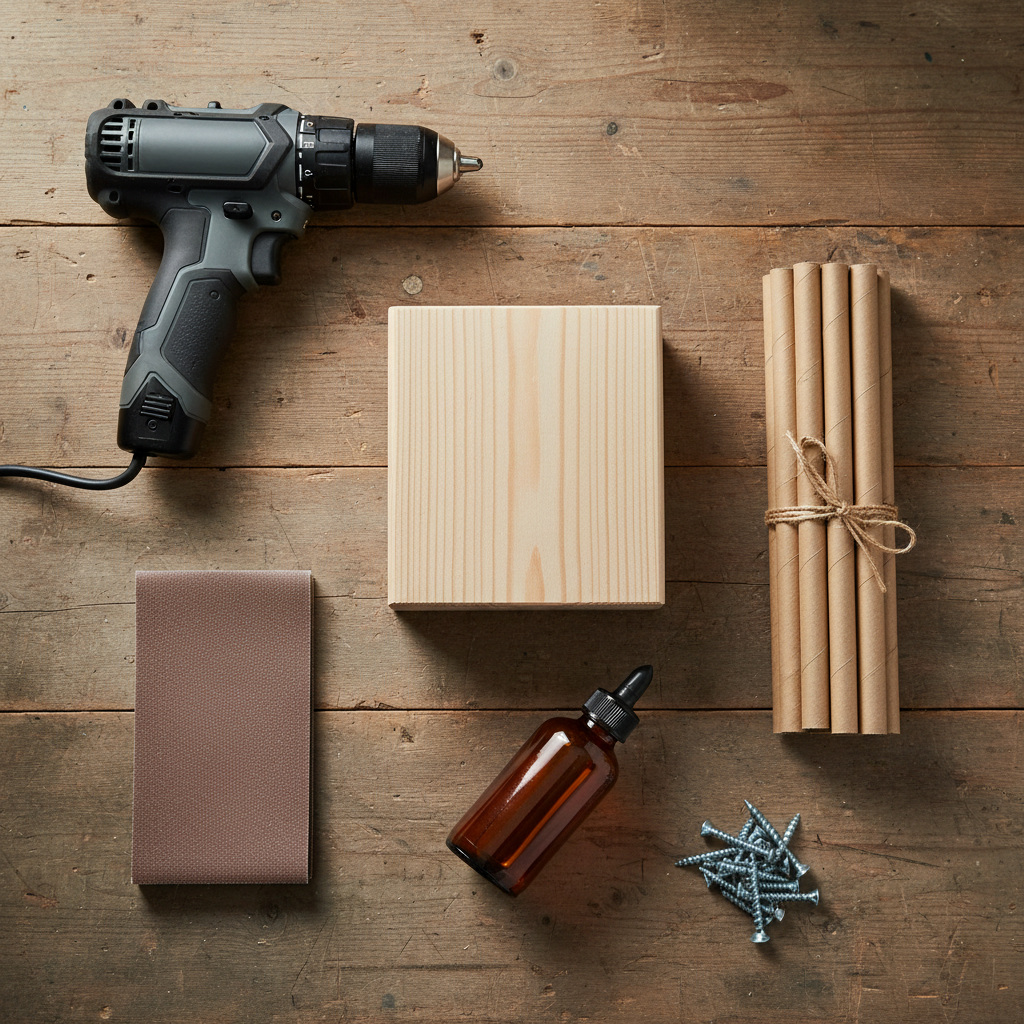 Flat lay of mason bee house construction supplies on a workbench, including untreated pine block, cardboard nesting tubes, drill, 5/16 inch bit, sandpaper, and mounting screws