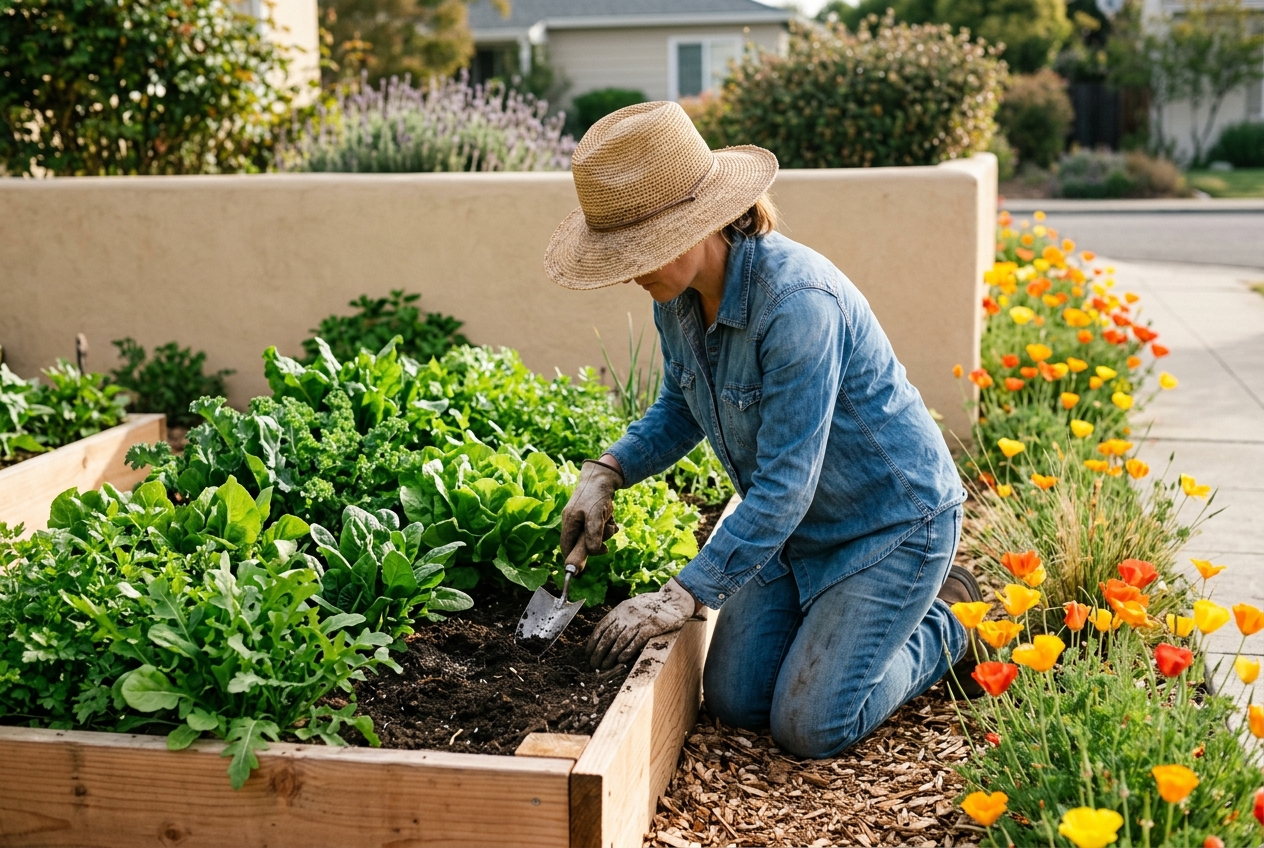 A gardener in California kneeling next to a low raised bed of leafy greens in a well-kept front yard, with an ornamental border of California poppies at the sidewalk