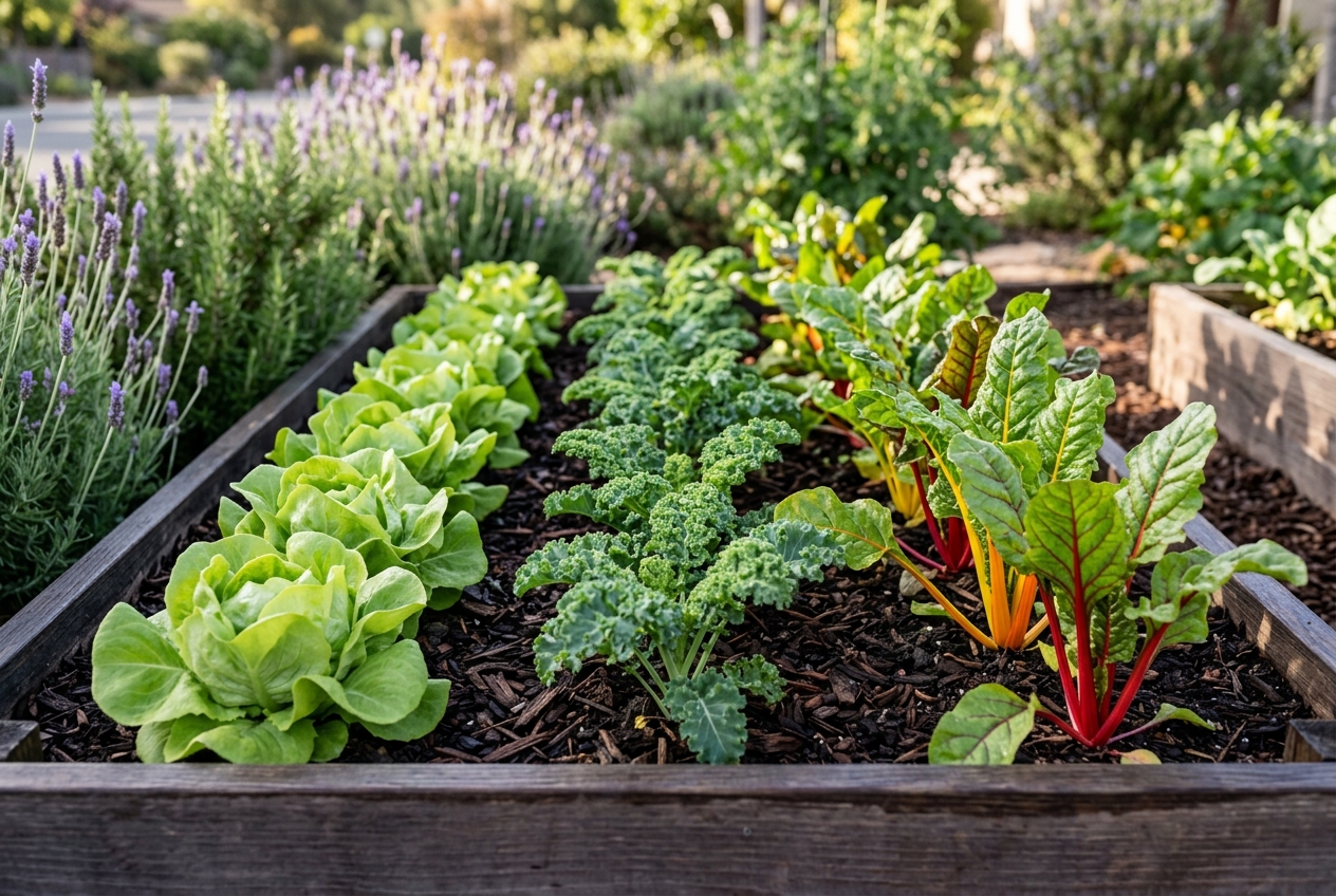 Neat rows of lettuce, kale, and rainbow chard growing in a front yard raised bed with warm afternoon California light and a border of ornamental herbs