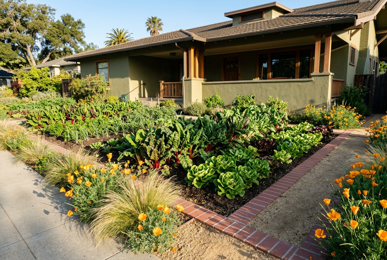 A well-maintained California front yard vegetable garden with clean edging, mulched paths, and low ornamental borders viewed from the sidewalk at eye level