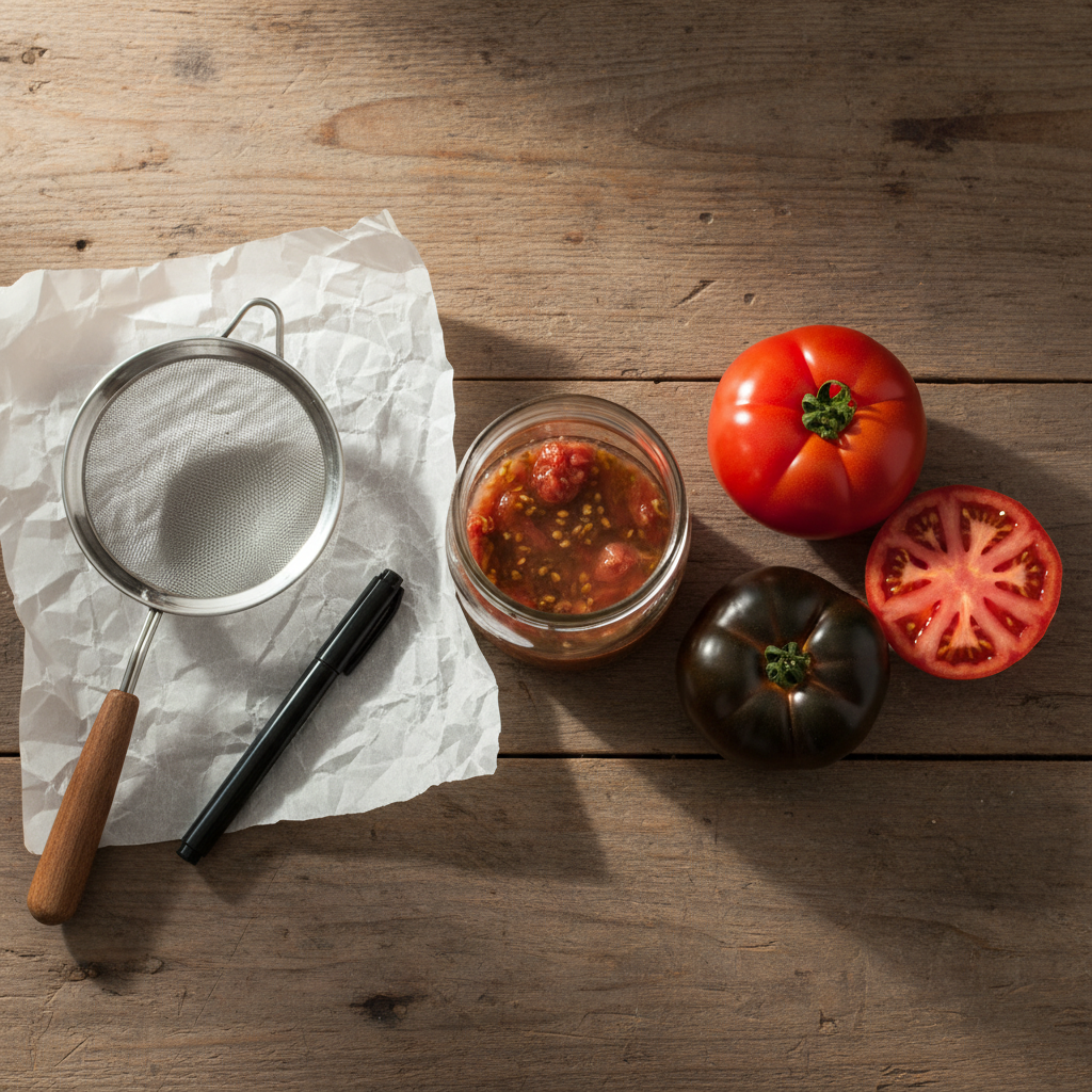Flat lay of seed-saving supplies: mason jar, strainer, parchment paper, and ripe heirloom tomatoes on a rustic wooden surface