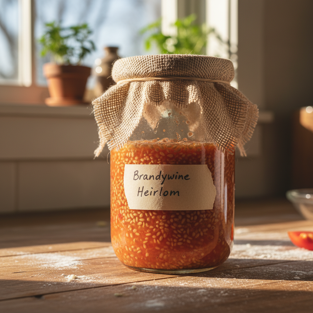 Glass mason jar with tomato seeds and gel fermenting in water on a kitchen counter, with a small handwritten label marking the variety name