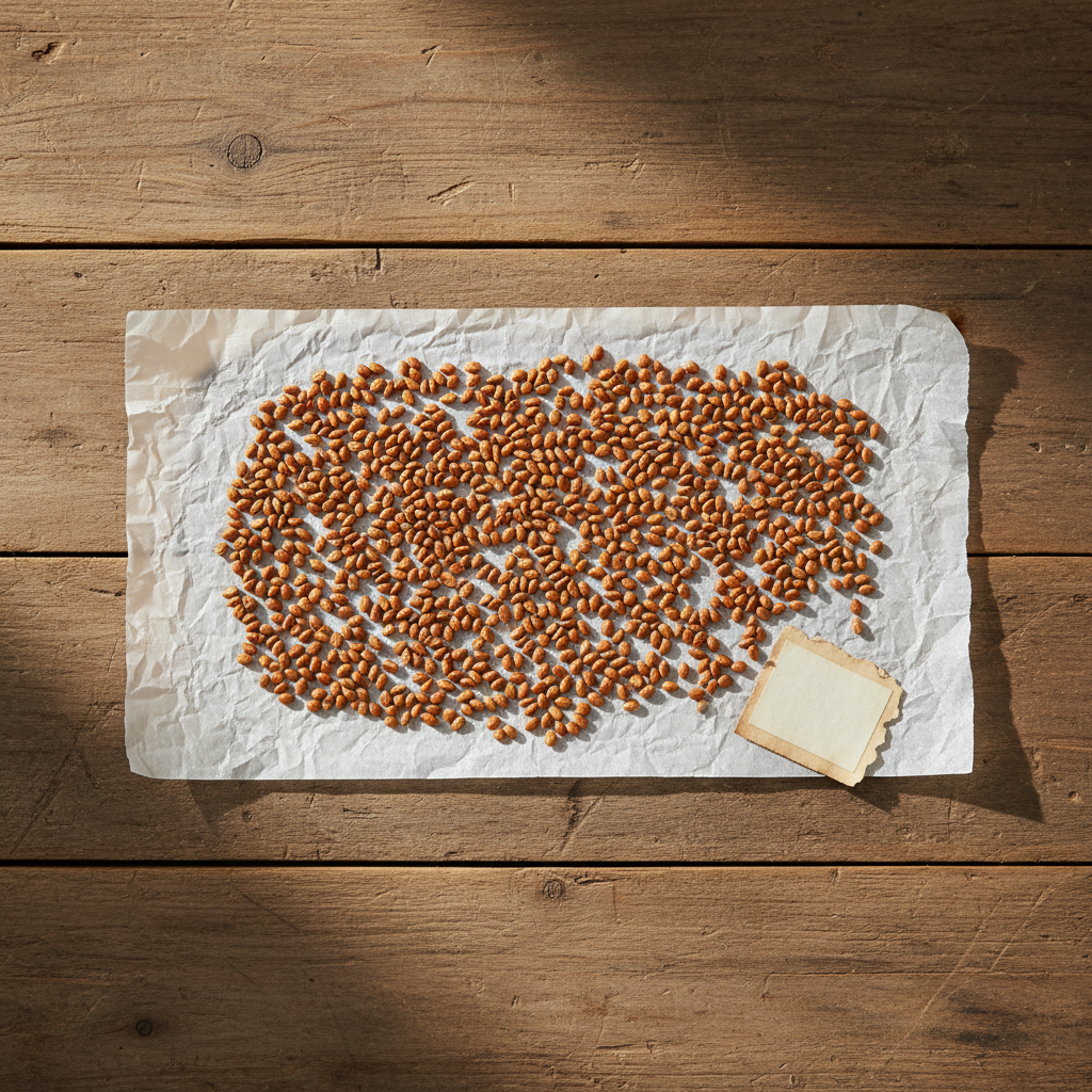 Tomato seeds spread in a single layer on parchment paper drying next to a handwritten label with variety name and date, on a wooden farmhouse table