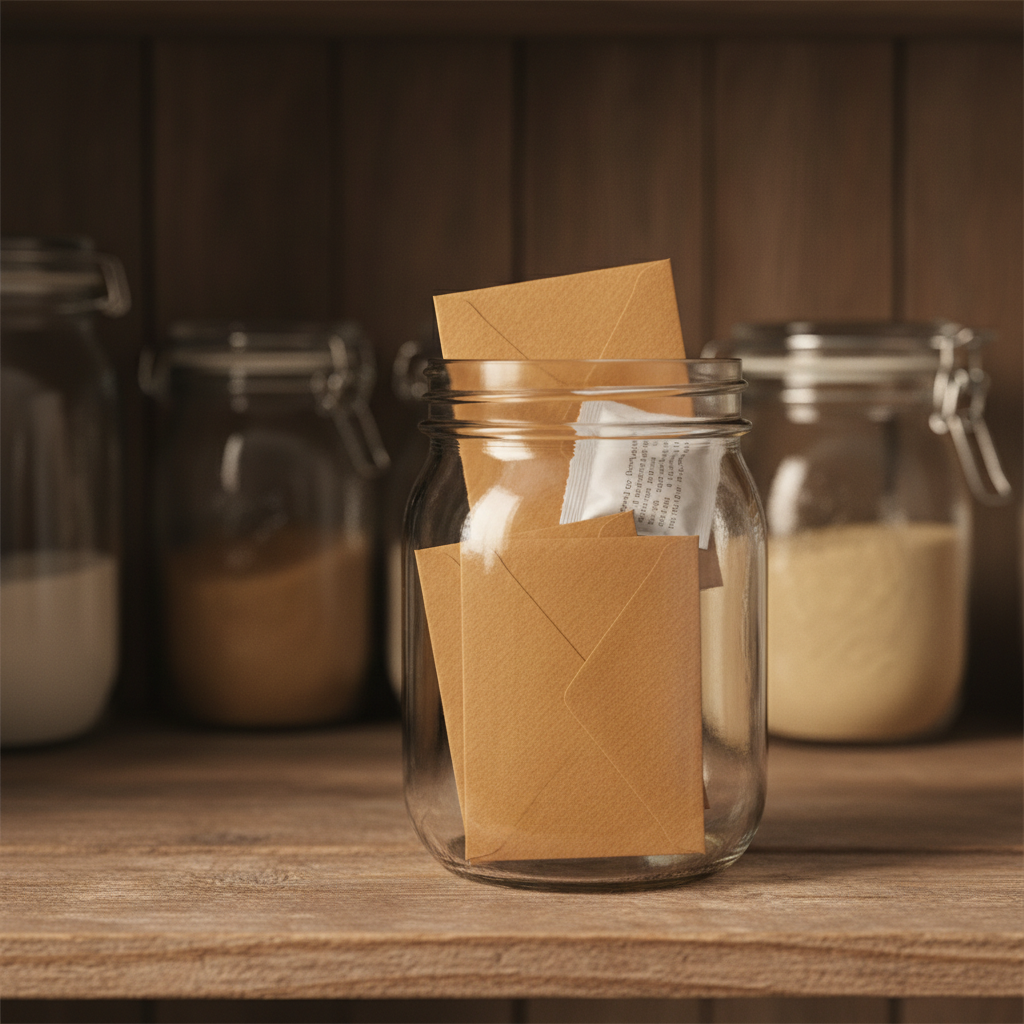 Organized seed storage: labeled paper envelopes inside a glass mason jar with a silica gel packet, on a wooden shelf in a farmhouse pantry