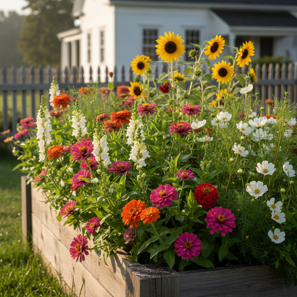 Backyard cut flower garden bed with zinnias, sunflowers, and dahlias in full bloom on a summer morning