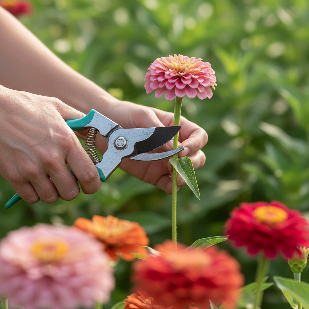Close-up of pink and orange zinnias with long stems being cut with bypass pruners in a sunny garden bed