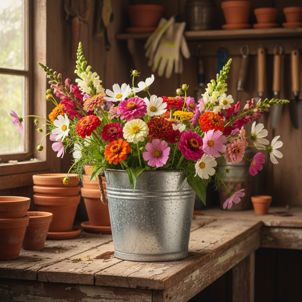 Bucket of freshly cut zinnias and cosmos in cool water on a wooden potting bench just inside a garden shed