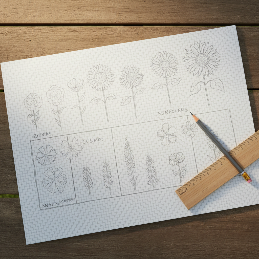 Hand-drawn garden plan on graph paper showing a 4 by 8 foot raised bed planted with zinnias, cosmos, snapdragons, and a sunflower row