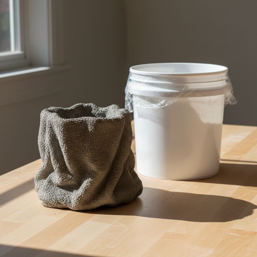 Freshly demolded gray concrete cement towel planter after 24 hours of cure, shown right-side up on a workbench with the plastic bucket mold removed beside it