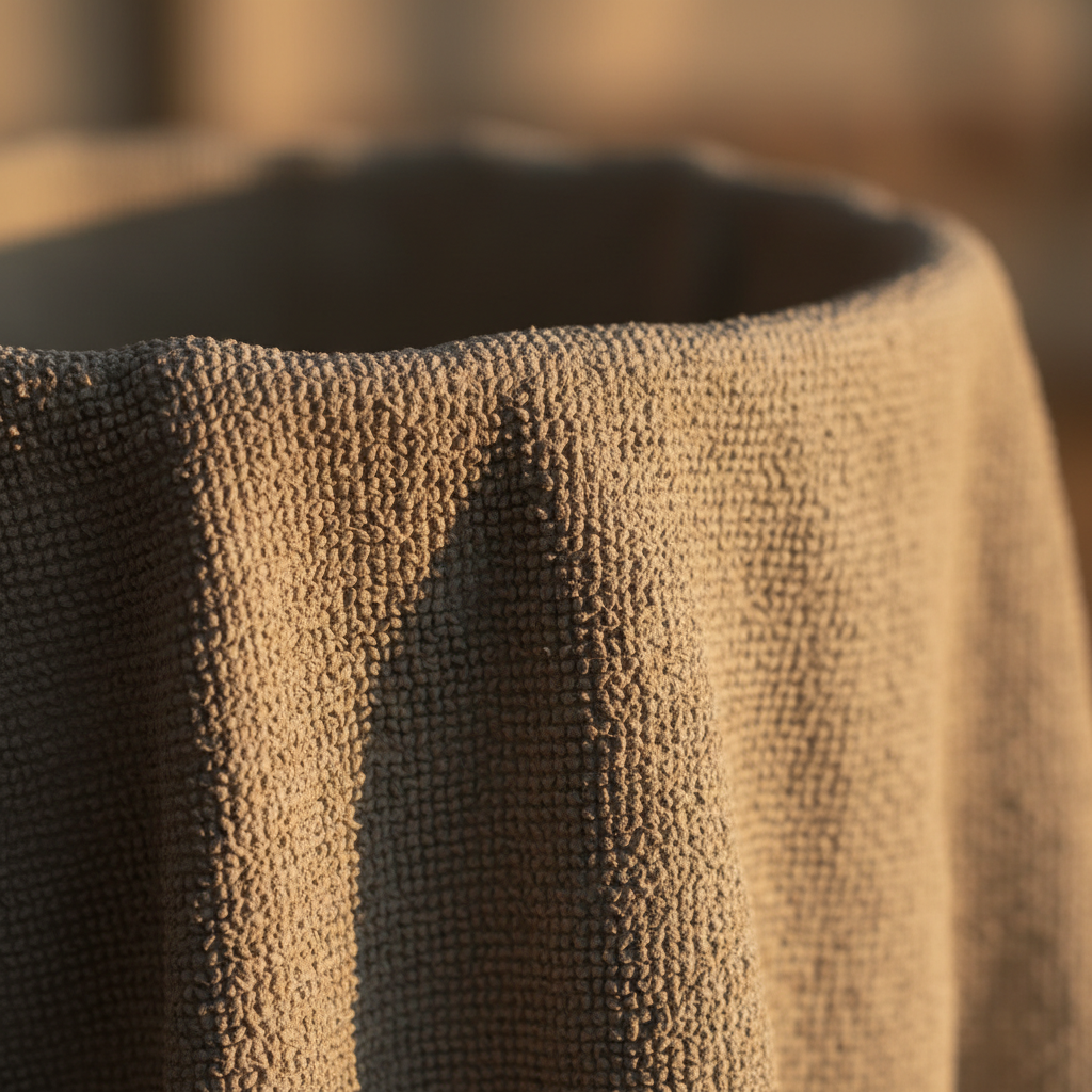 Close-up macro shot of the textured rim of a finished cement towel planter, showing the towel-fiber texture telegraphed through the cured concrete surface in warm late-afternoon light