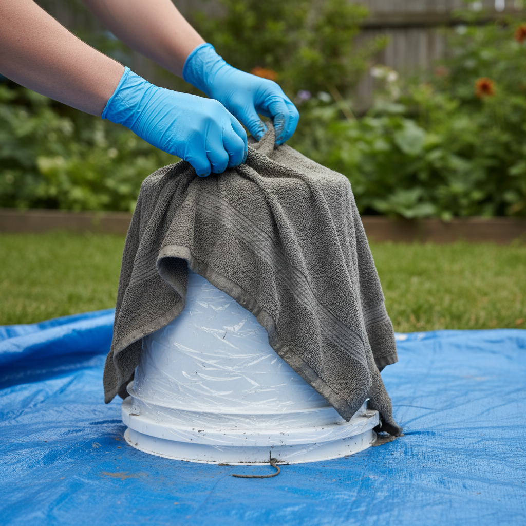 A cement-slurry-soaked cotton towel draped over an upside-down plastic bucket on a plastic tarp, shaped into a natural curtain-fold planter silhouette