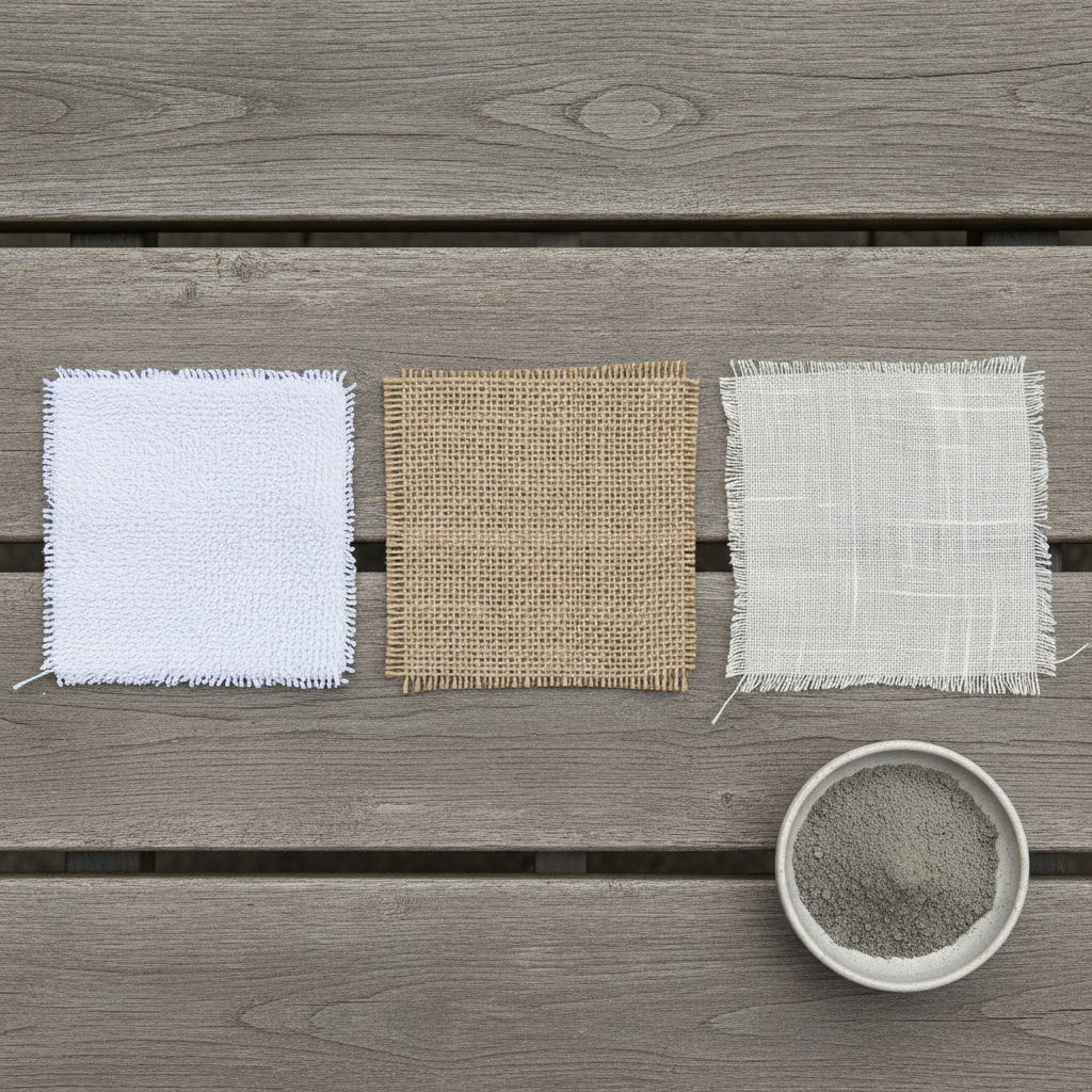 Three fabric swatches laid side by side on a weathered bench — cotton terrycloth towel, natural burlap square, and loose-weave muslin — with a small pile of Portland cement powder for scale