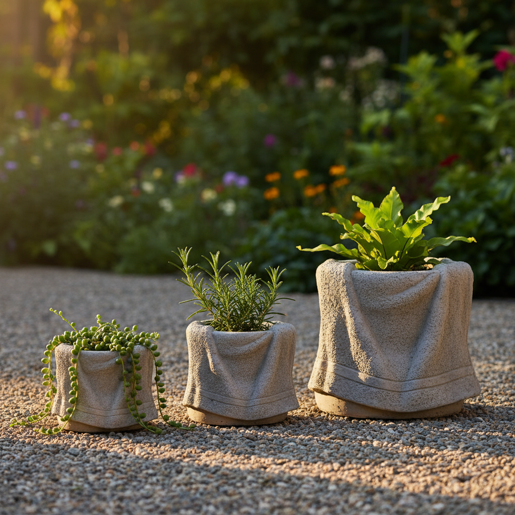 Three finished cement towel planters in different sizes sitting on a gravel patio, each holding a different plant: a trailing succulent, a kitchen herb, and a small fern