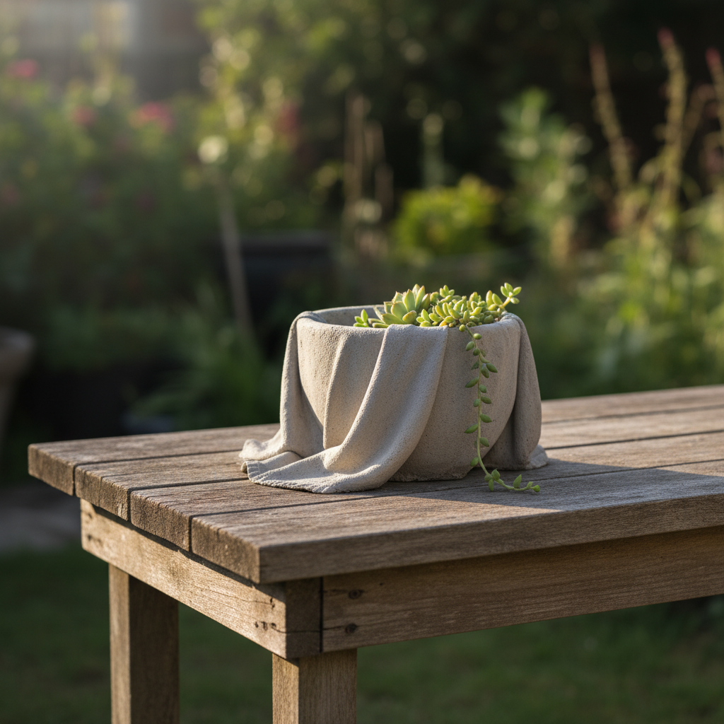 A draped concrete towel planter holding a small succulent on a wooden bench with soft natural light