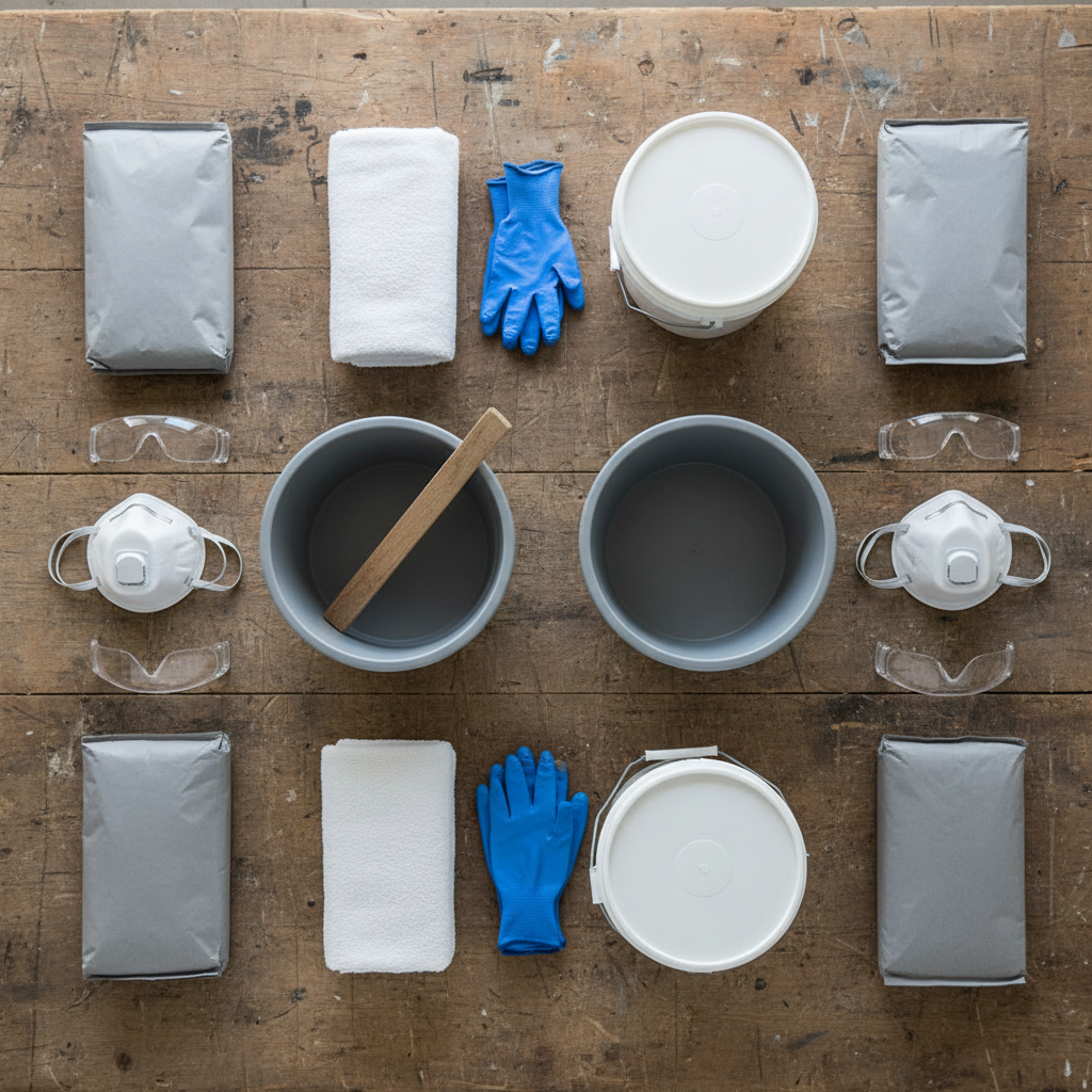 Flat lay of DIY cement towel planter materials: bag of Portland cement, cotton towel, plastic bucket, nitrile gloves, N95 mask, and a plastic mixing tub