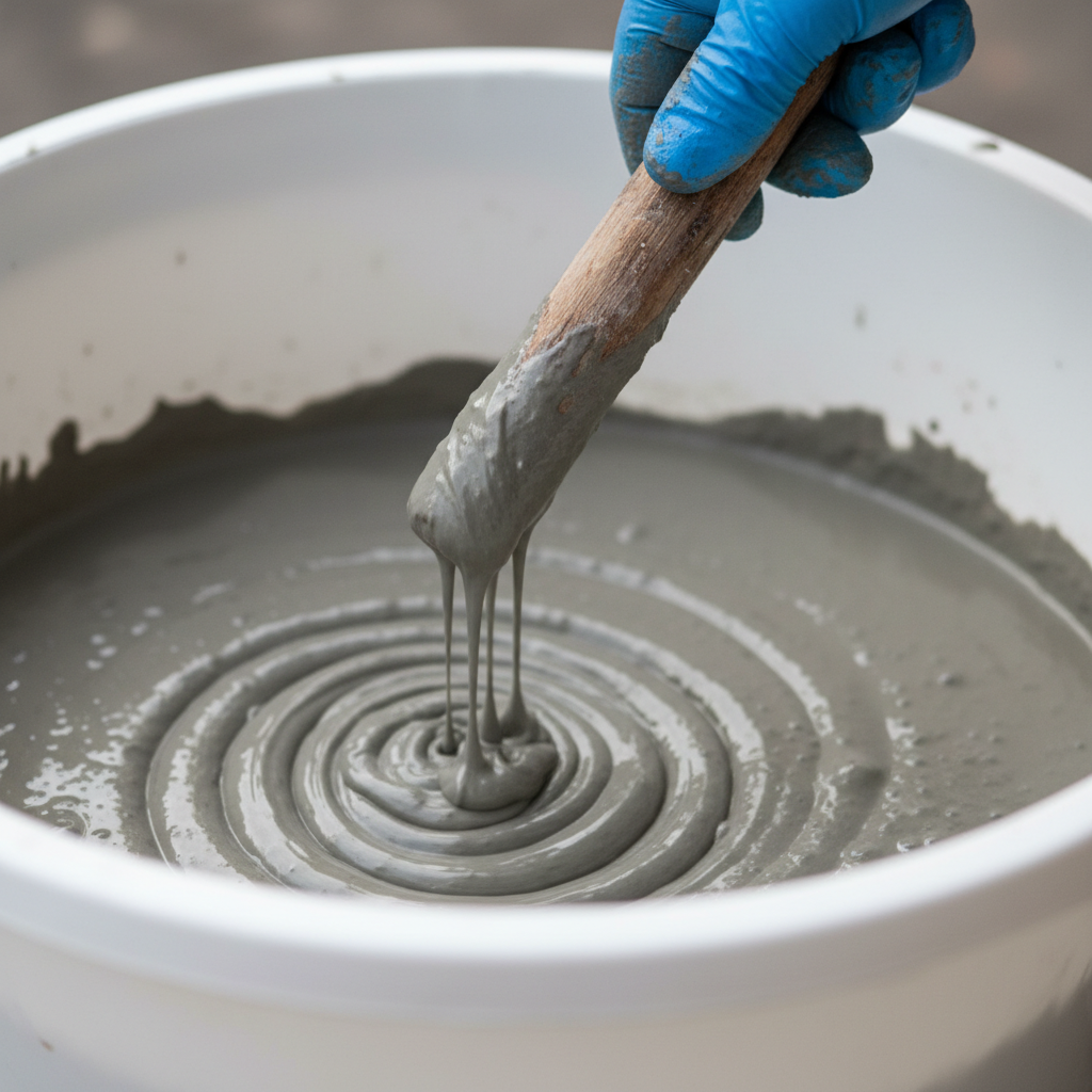 Close-up of gray cement slurry being stirred in a plastic mixing tub with a wooden stick, showing pancake-batter consistency coating the stir stick