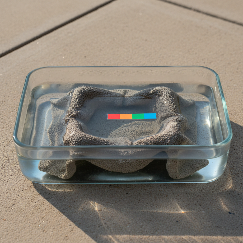 A cement towel planter fully submerged in a shallow basin of water with a pH test strip floating on the surface, showing the seasoning soak before planting