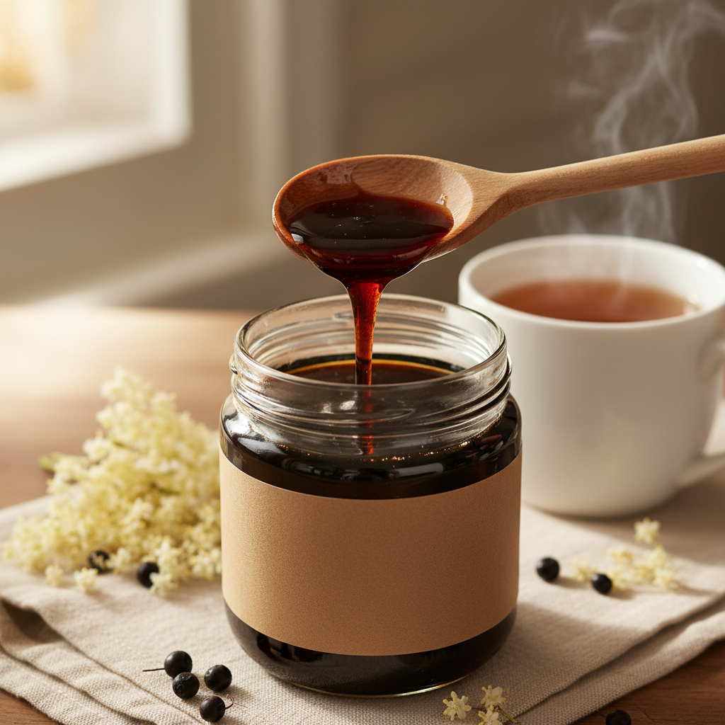 A spoonful of dark elderberry syrup being lifted from a labeled glass jar, with a steaming mug of herbal tea and dried elderflowers in the background