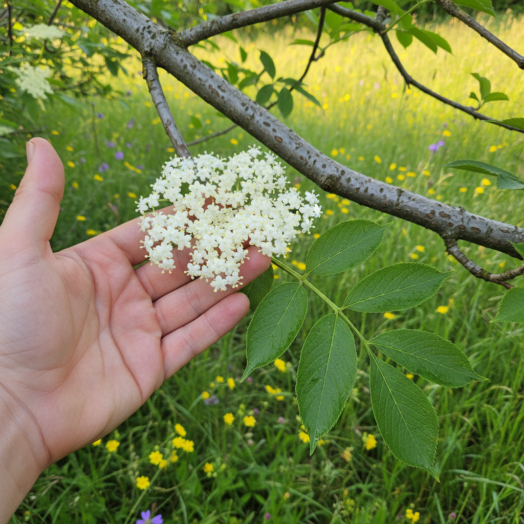 Field identification scene showing a hand holding a flat-topped white elderberry flower cyme on a woody-barked branch with opposite compound leaves, in a sunlit hedgerow edge