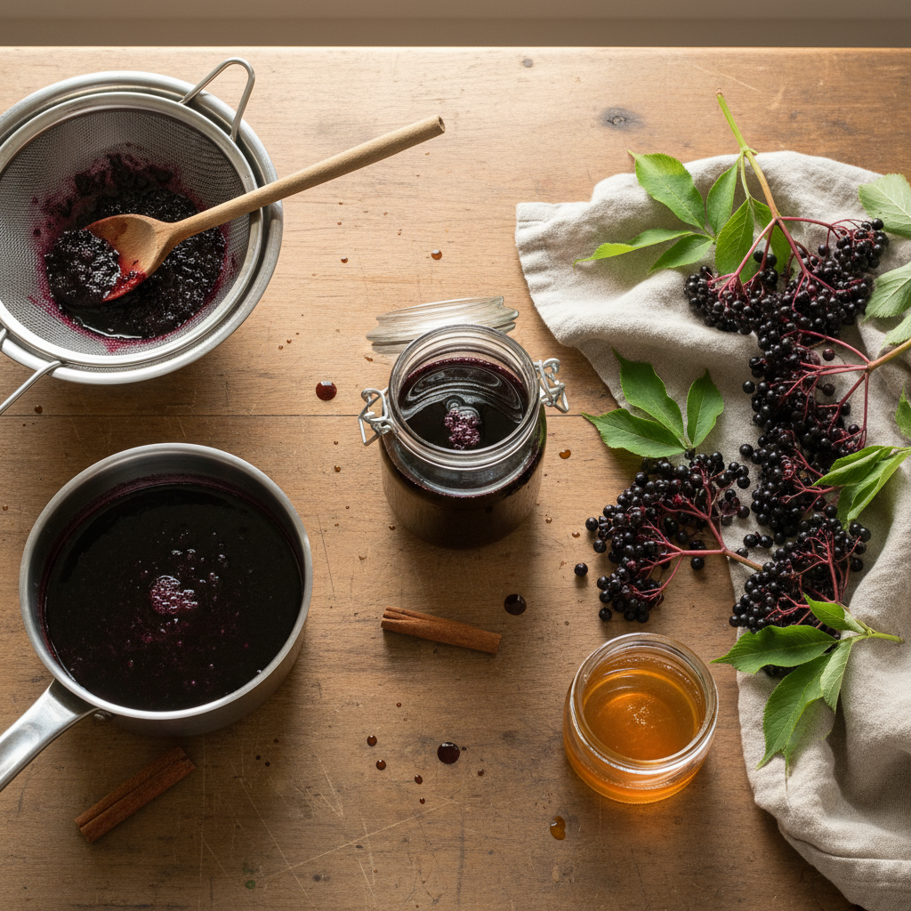 Glass jar of dark elderberry syrup on a wooden kitchen counter beside a strainer, a small saucepan of cooked elderberry juice, fresh berries, raw honey, and a cinnamon stick