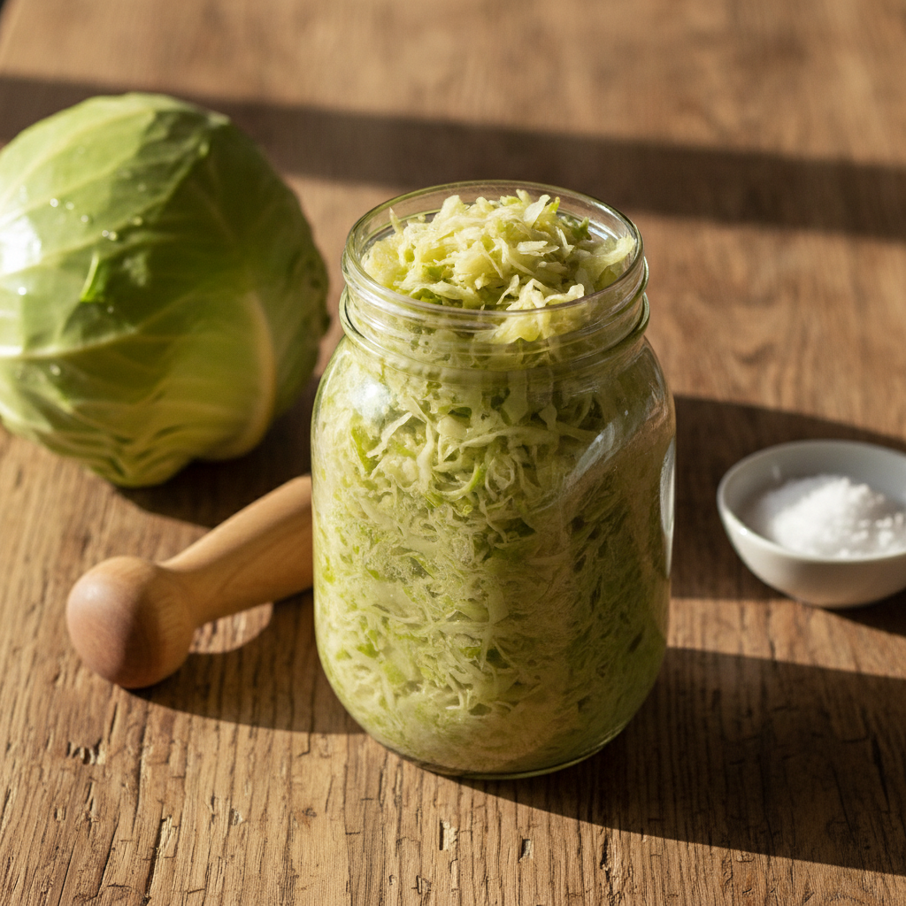 Glass jar of homemade sauerkraut on a wooden farmhouse counter with a head of green cabbage, a wooden tamper, and a small bowl of kosher salt beside it