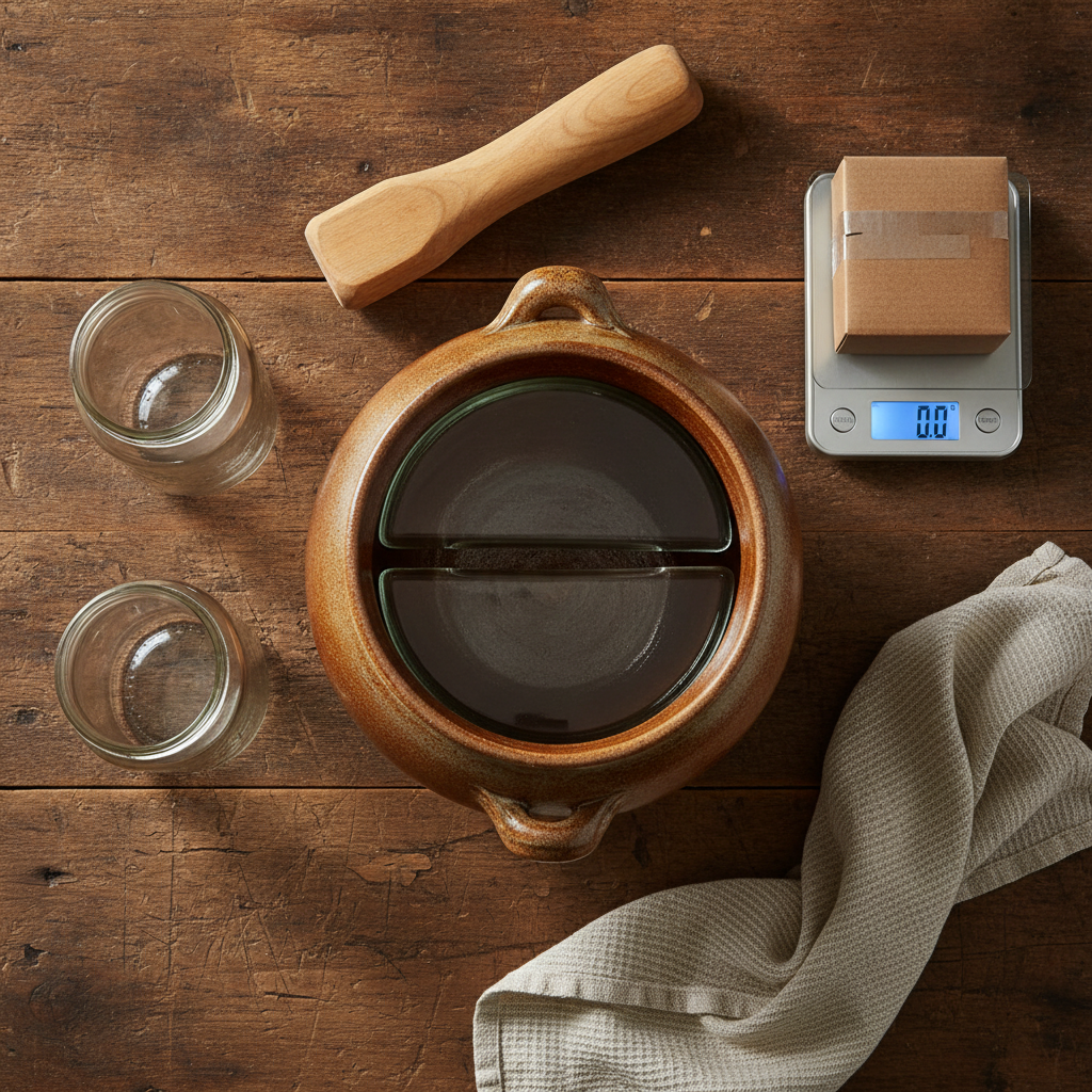 Top-down view of a 5-gallon stoneware fermentation crock, a glass plate weight, two wide-mouth quart Mason jars, a digital kitchen scale, and a box of pickling salt arranged on a wooden table