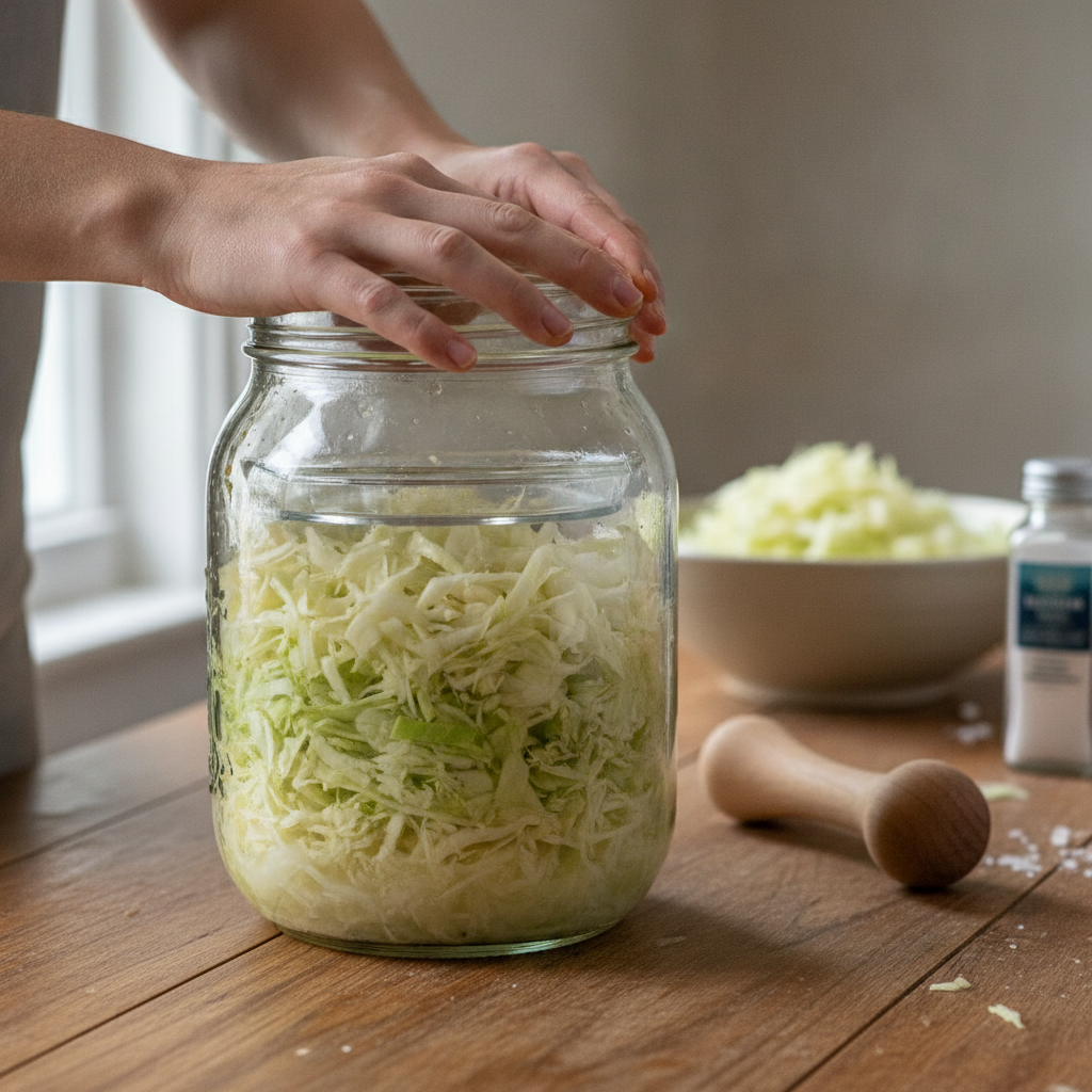Hands pressing shredded green cabbage into a wide-mouth half-gallon Mason jar, with brine rising above the cabbage and a clear glass weight sitting on top