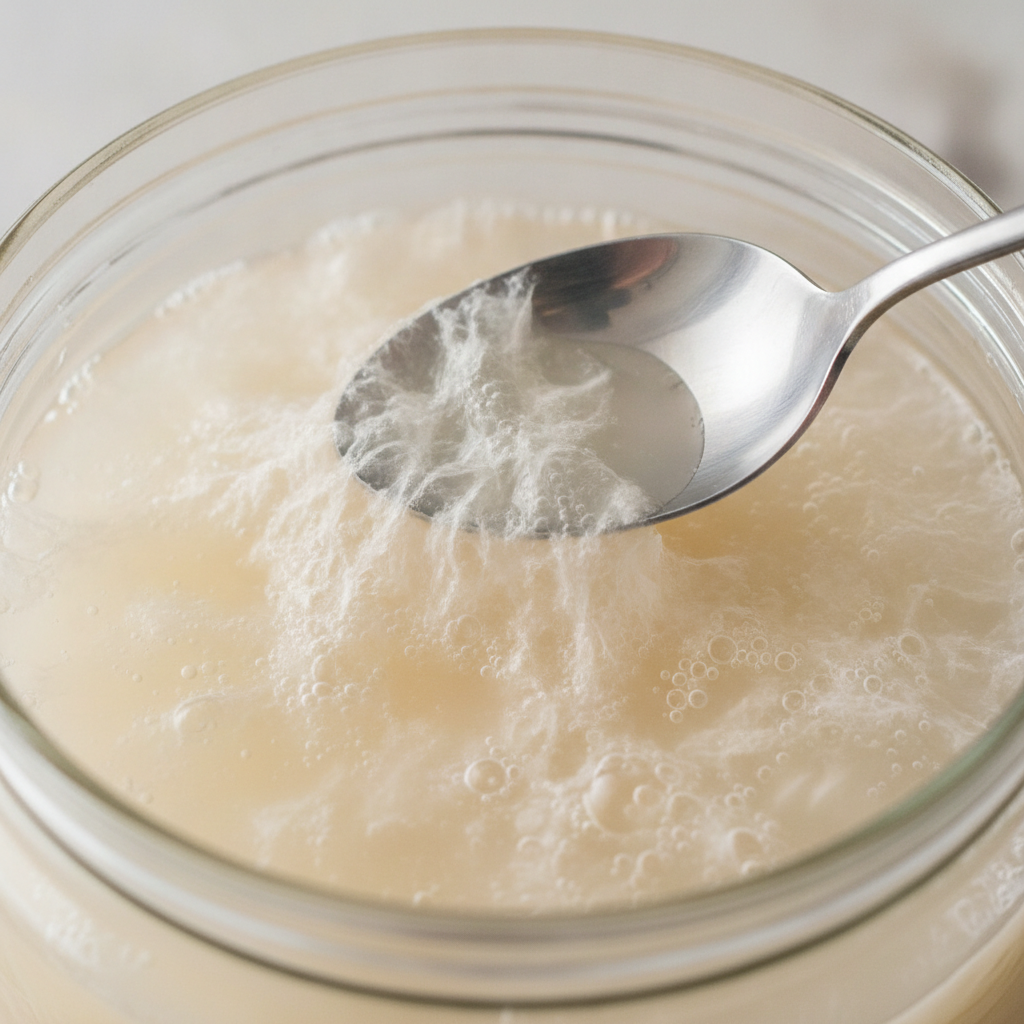 Close-up of the top of a fermentation jar showing a thin white film of kahm yeast on the surface of cabbage brine, with a clean spoon poised to skim it