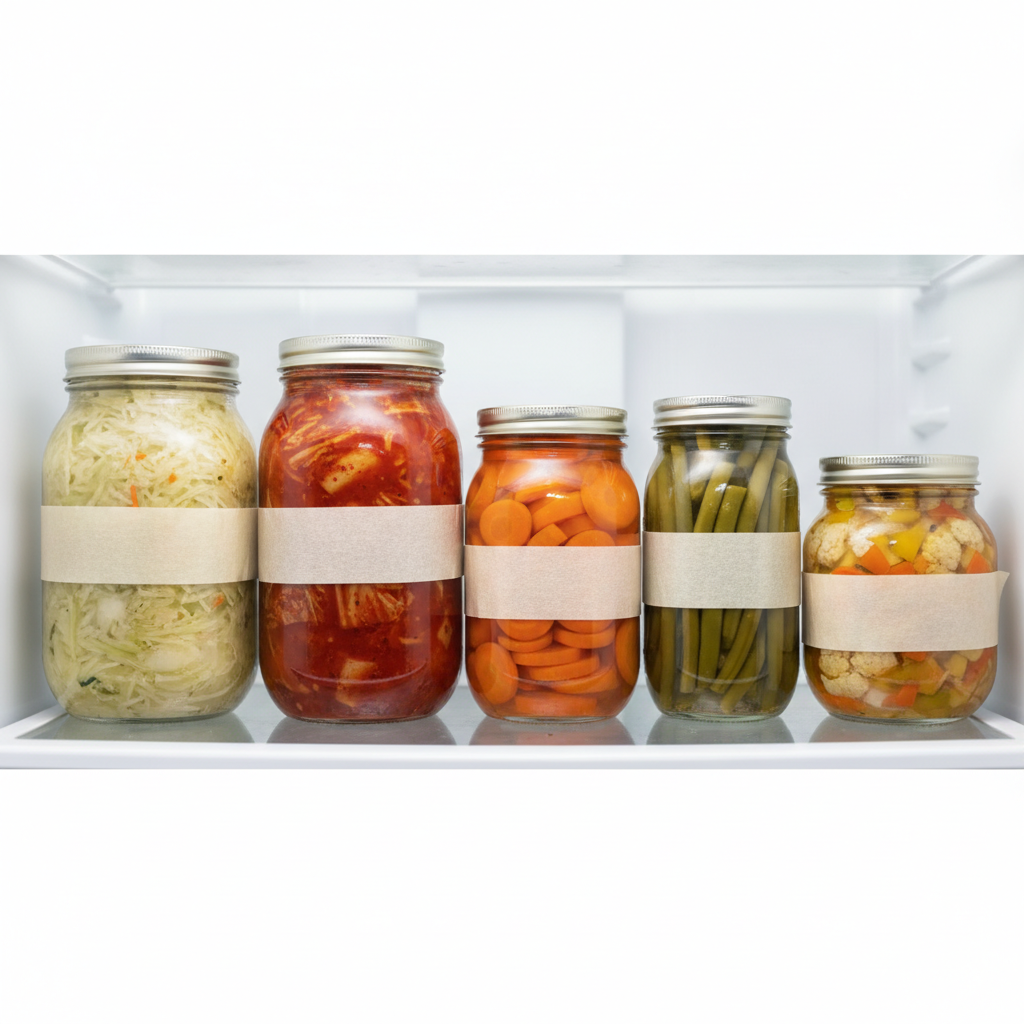 Refrigerator shelf lined with mismatched glass jars of fermented vegetables, labeled with painter's tape: kraut, kimchi, dilly beans, and pickled carrots, all dated in marker
