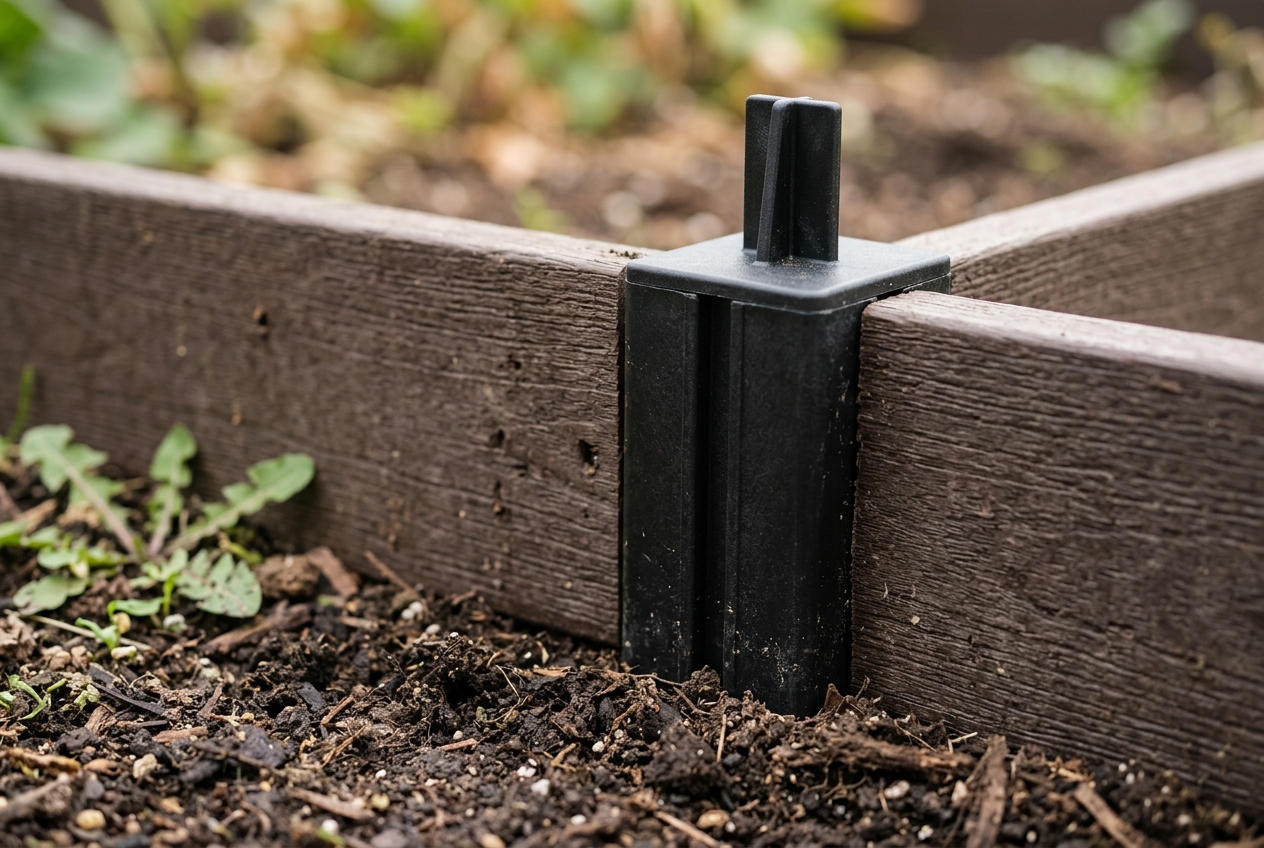Close-up of the corner connector and stacking clip on a recycled composite raised bed, showing how two 8-inch boards lock together into a 16-inch wall