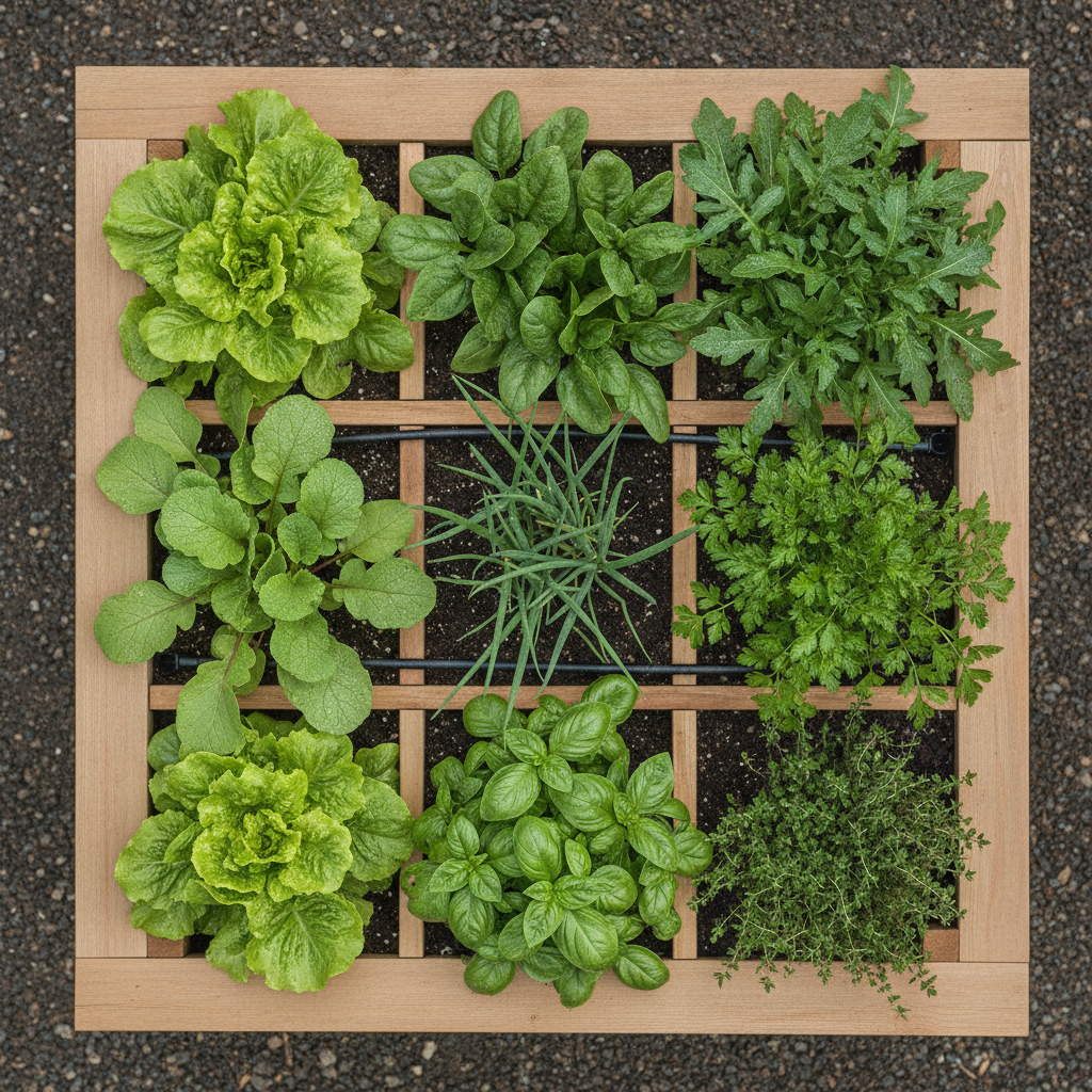 A drip irrigation line snaking through a small raised bed planted in a nine-square grid of leafy greens, herbs, and root crops in early summer
