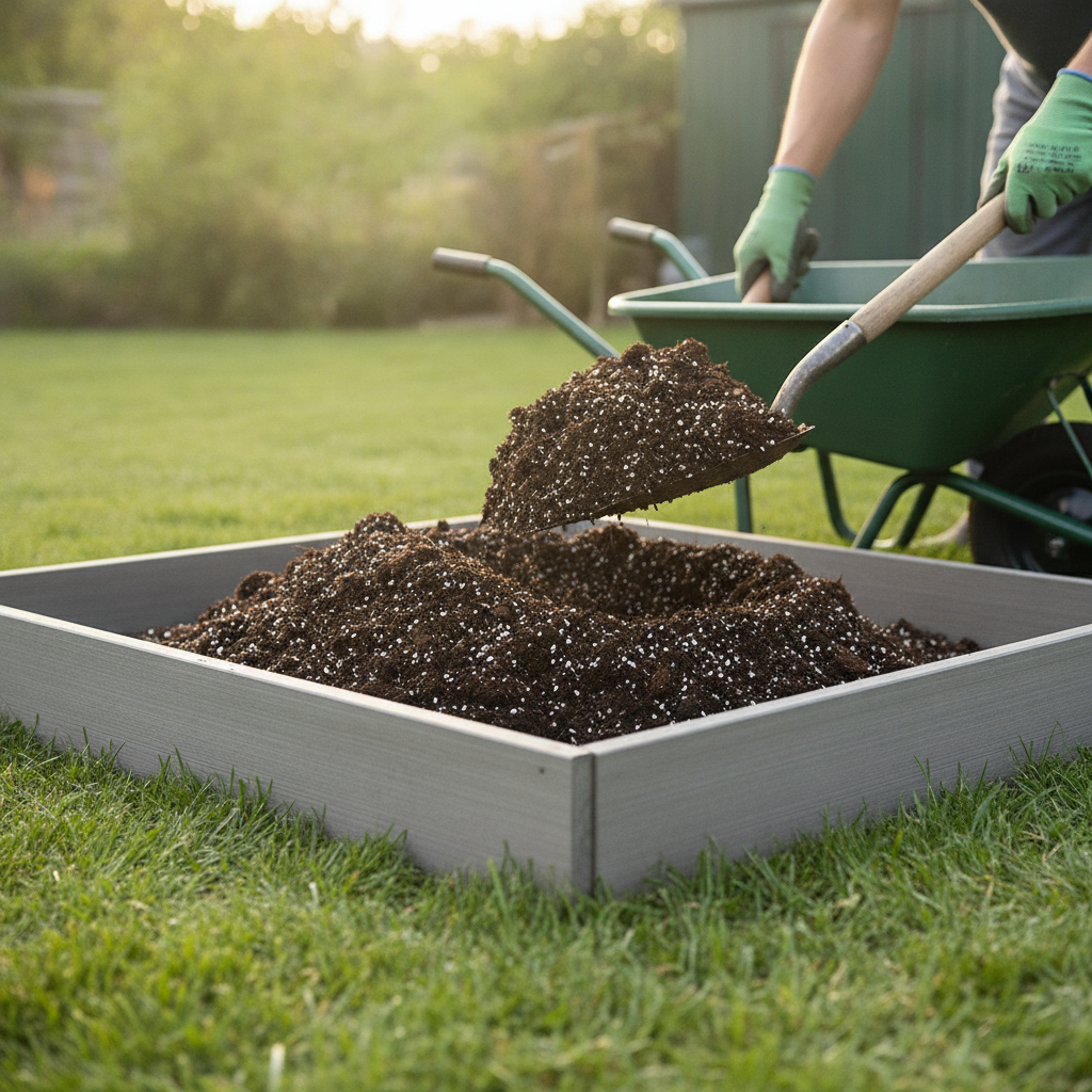 A wheelbarrow of dark raised-bed soil mix being shoveled into a freshly assembled recycled composite garden bed on a grass lawn