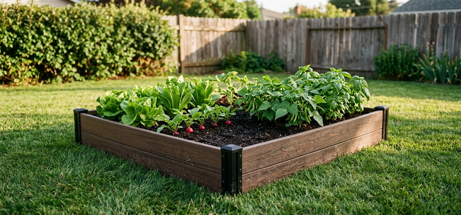 A Greenland Gardener 42 by 42 inch recycled composite raised bed sitting on a level lawn, planted with lettuce, radishes, bush beans, and herbs in warm afternoon light