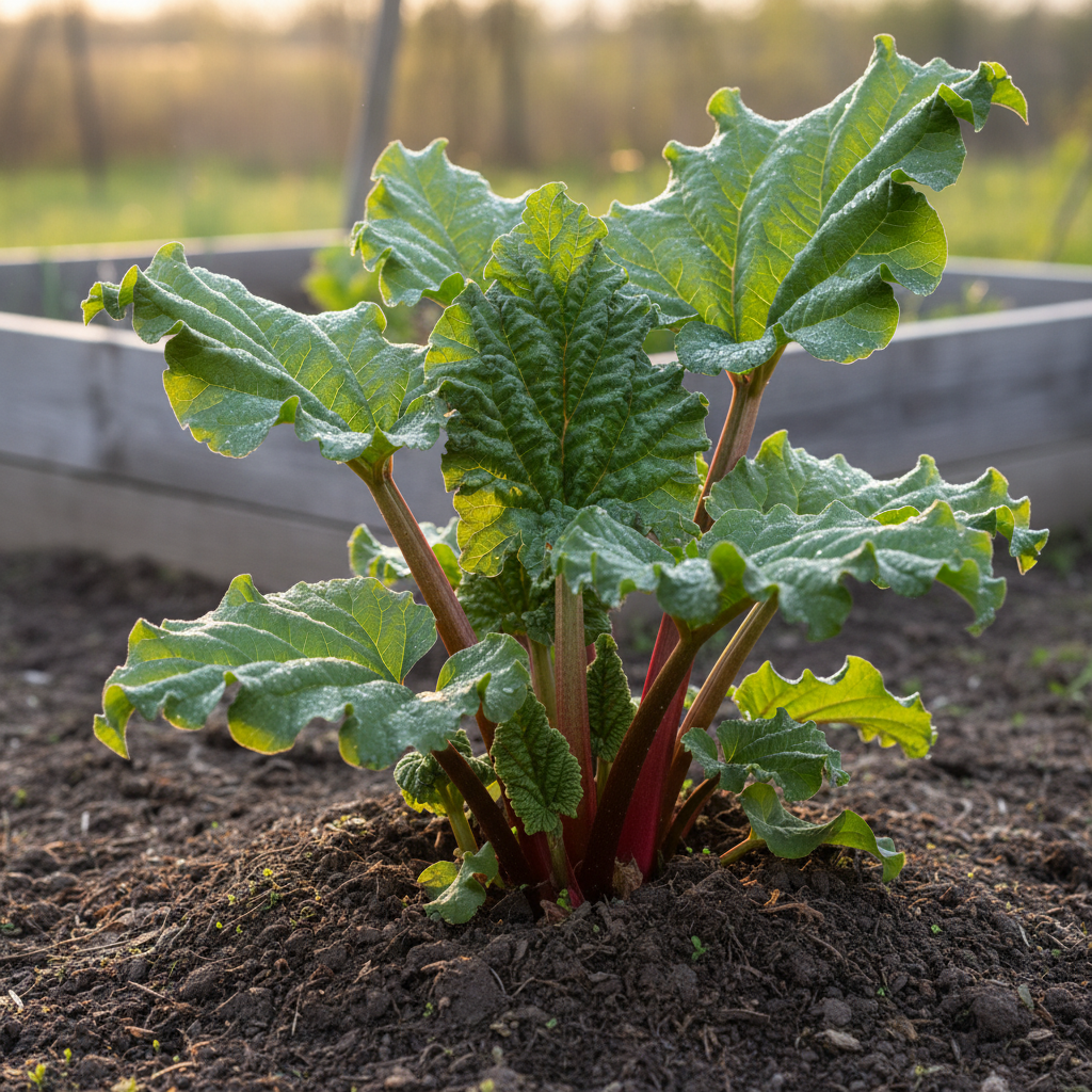 A mature rhubarb plant with crimson stalks and large green crinkled leaves growing in a sunny backyard vegetable garden, with rich dark soil and a wooden raised bed in the background