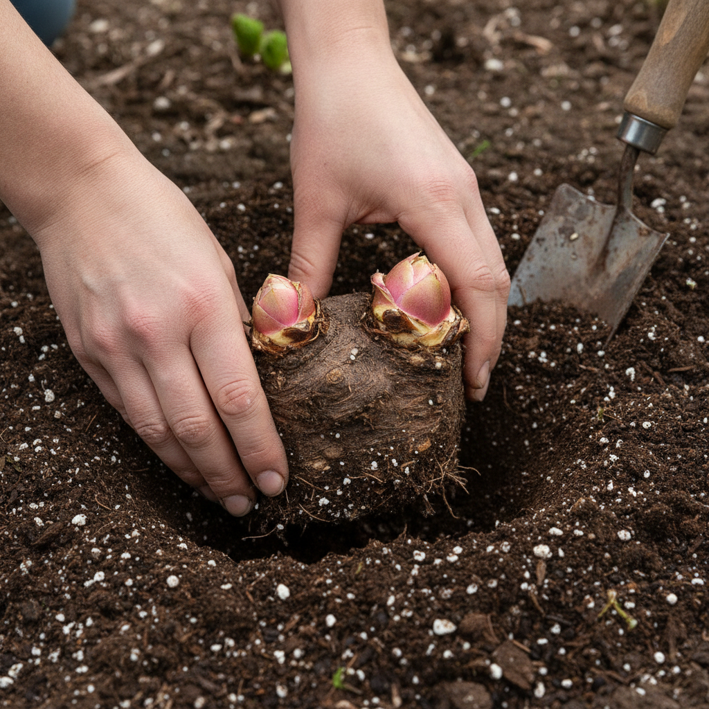 Close-up of a dormant rhubarb crown with pinkish buds being set into a prepared planting hole in dark compost-amended garden soil, gardener's hands tucking the soil in around the bud
