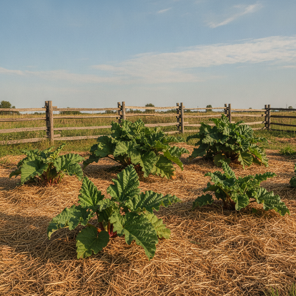 A wide view of a mature rhubarb patch in mid-May with multiple crowns of large green leaves and bright red stalks, surrounded by a thick layer of straw mulch and bordered by a rustic wooden fence