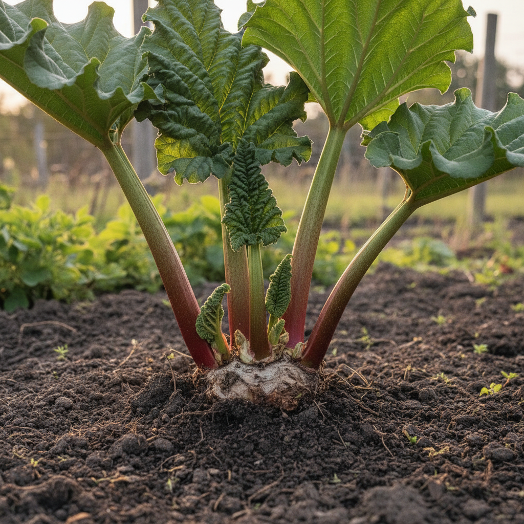 A wooden harvest basket filled with freshly picked bright red rhubarb stalks on a kitchen counter, leaves trimmed off and set aside in a separate pile destined for the compost bin