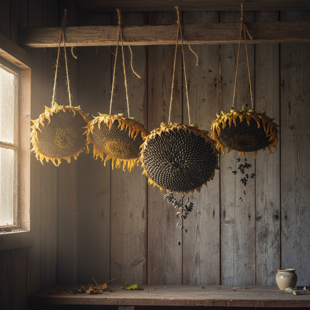 Dried sunflower seed heads hanging upside down to cure in a barn or shed for seed saving