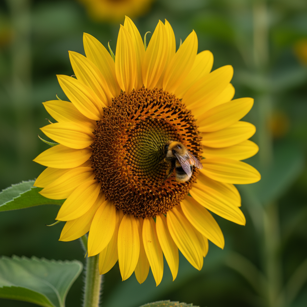 A mature sunflower head with a bumblebee feeding on the disk florets in midsummer afternoon light