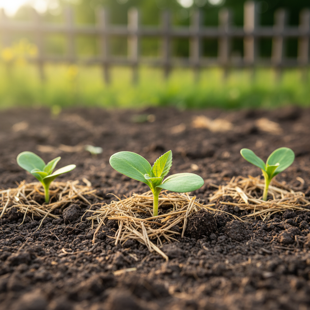 A close-up of yellow sunflower seedlings emerging from rich brown garden soil in early summer
