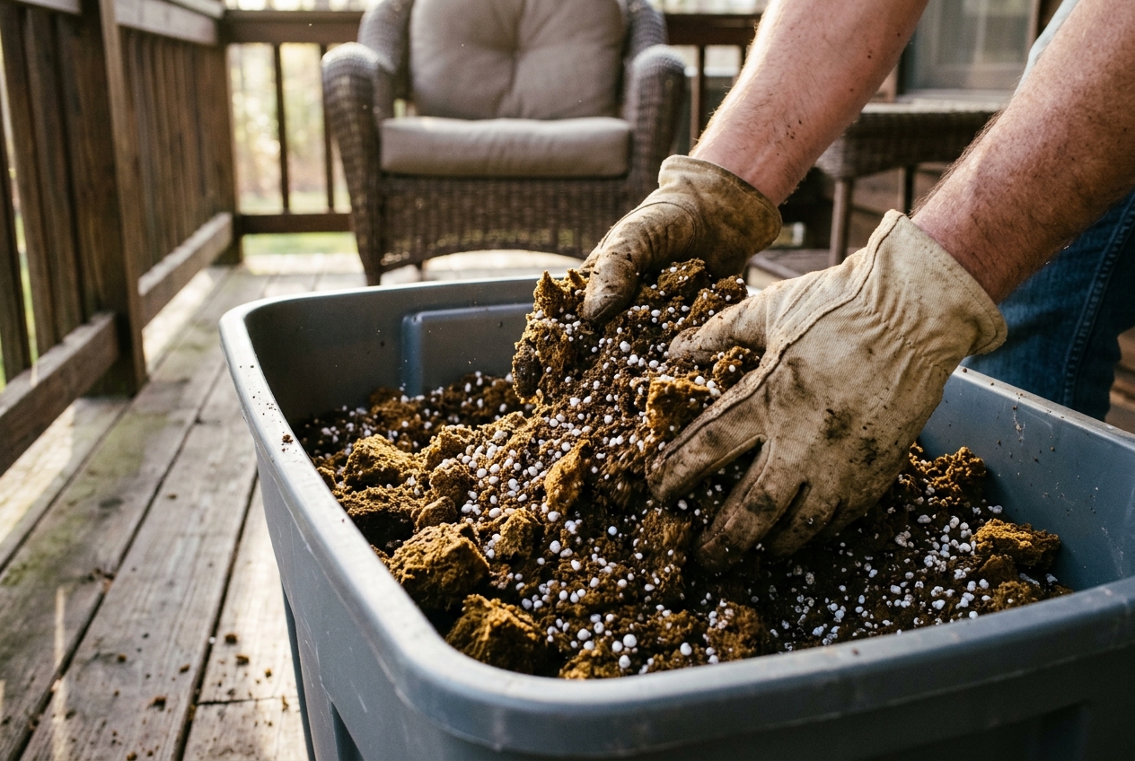 Gloved hands mixing golden sphagnum peat moss and white perlite together in a large plastic tote on a porch
