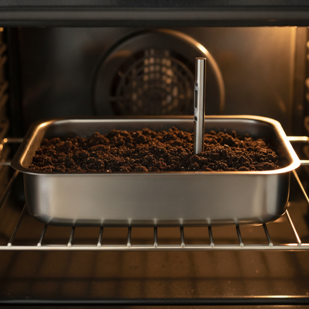Metal roasting pan filled with dark soil sitting on an oven rack with a stainless-steel probe thermometer inserted into the center