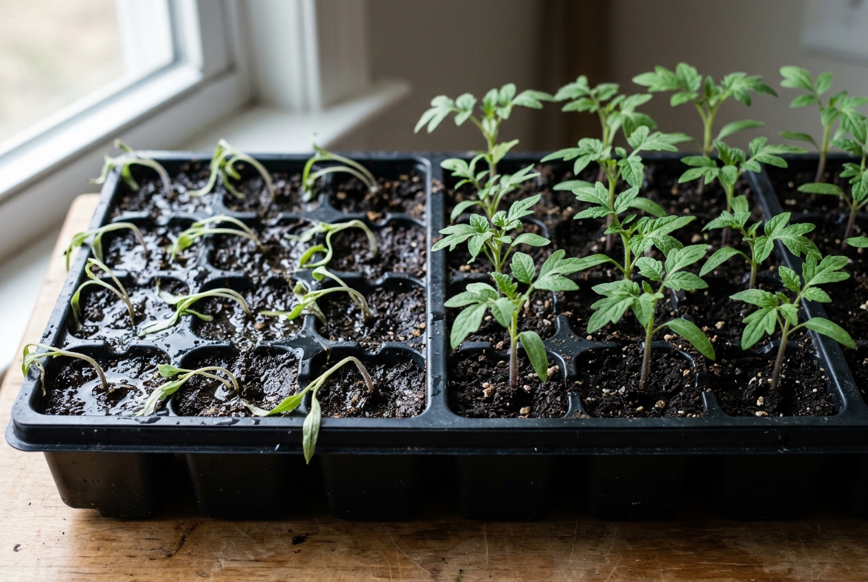 Healthy young tomato seedlings with true leaves growing in a black plastic seedling cell tray filled with dark, moist seed starting mix