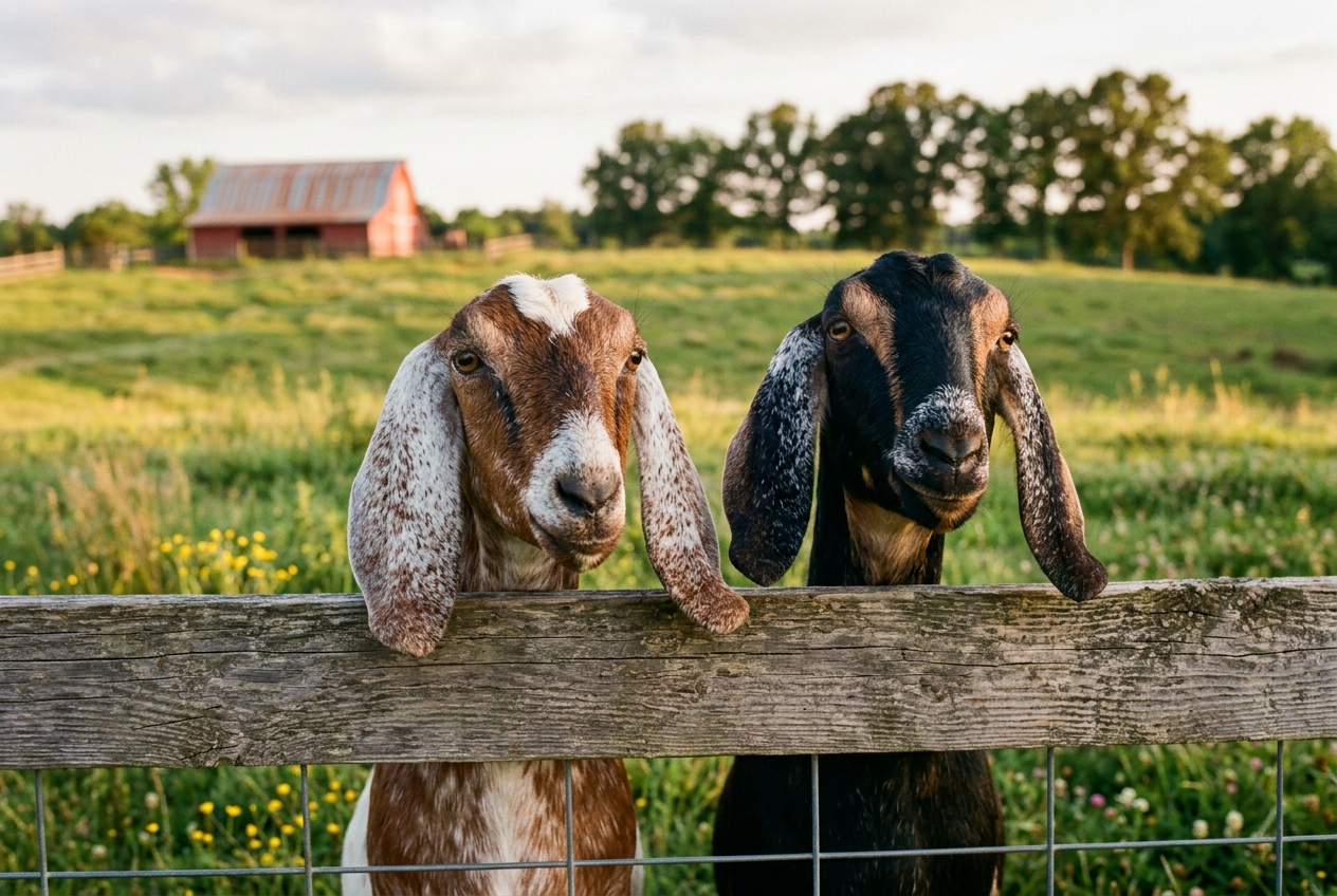 A close-up of an open homesteading magazine article about raising dairy goats on a sunlit kitchen table, with a notebook and pencil beside it