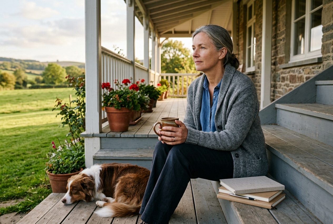 A first-time homesteader sitting on a porch in soft afternoon light, reading a print homesteading magazine with a dog resting nearby