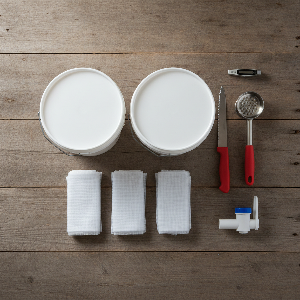 Beekeeping supplies for crush-and-strain honey extraction laid out on a wooden table including buckets, potato masher, knife, and nylon strainer bags