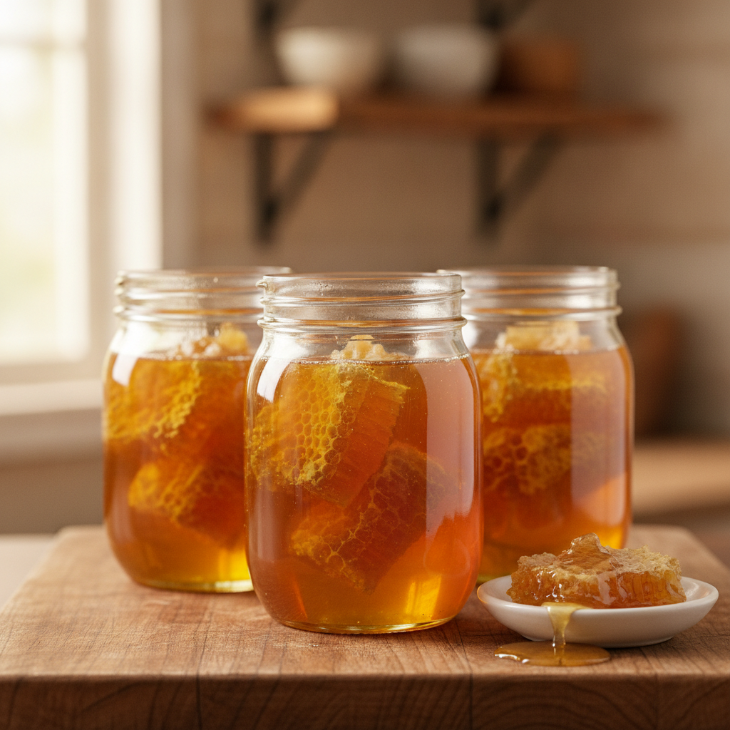 Glass Mason jars filled with golden chunk honey showing honeycomb pieces suspended in clear liquid honey