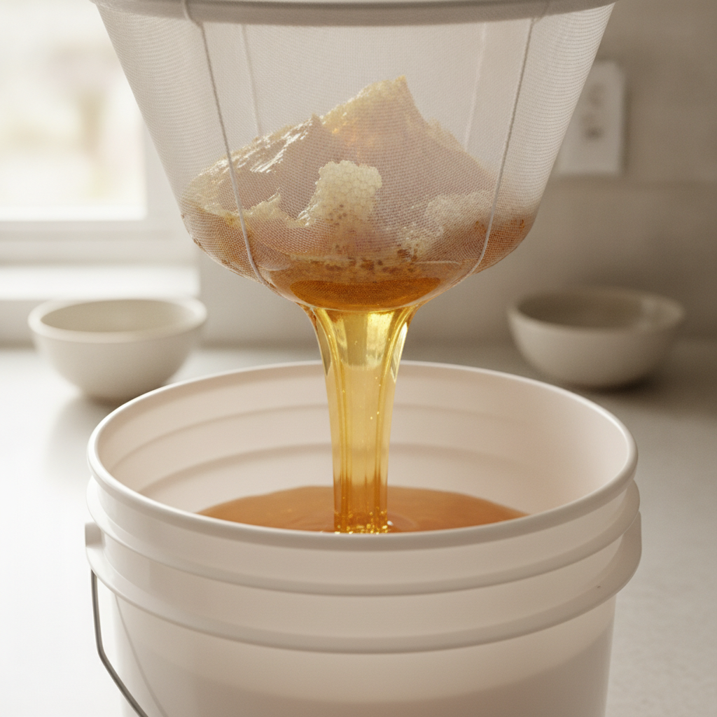 Honey slowly draining through a nylon strainer bag into a five-gallon food-grade bucket in a warm kitchen