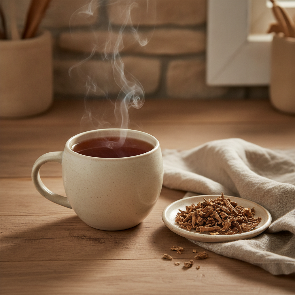 A ceramic mug of freshly brewed valerian root tea steaming on a farmhouse kitchen counter