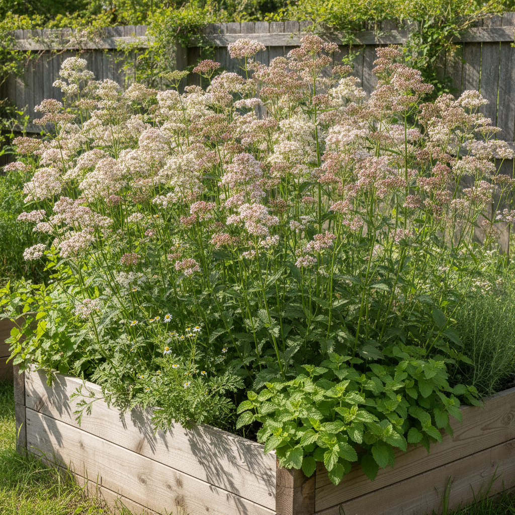 Valerian plants in bloom with clusters of tiny white flowers in a raised herb bed
